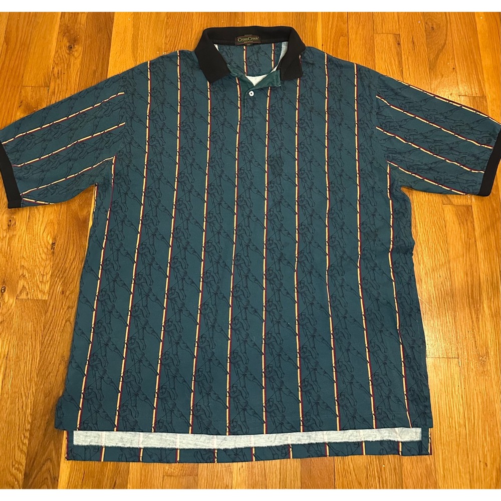 Vintage Cross Creek Mens XXL Teal Golf Print Striped Polo Shirt Made in USA 90s